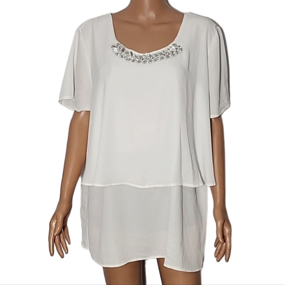 New York Collection Woman Size 2X Ivory Polyester Blouse Rhinestones‎ Neck NWT